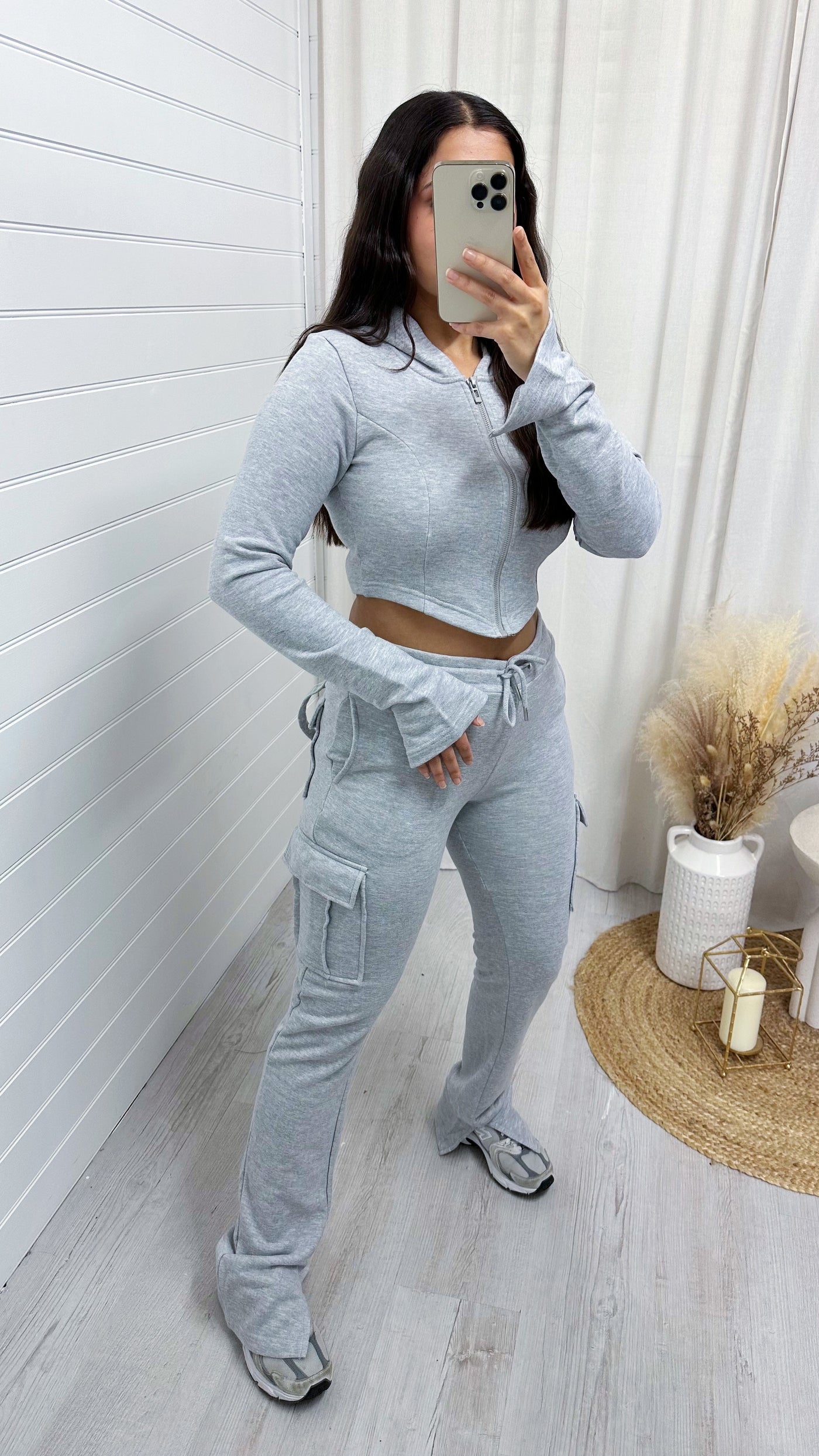 Cargo Cropped Jacket and Split Hem Joggers Tracksuit - PLAIN GREY