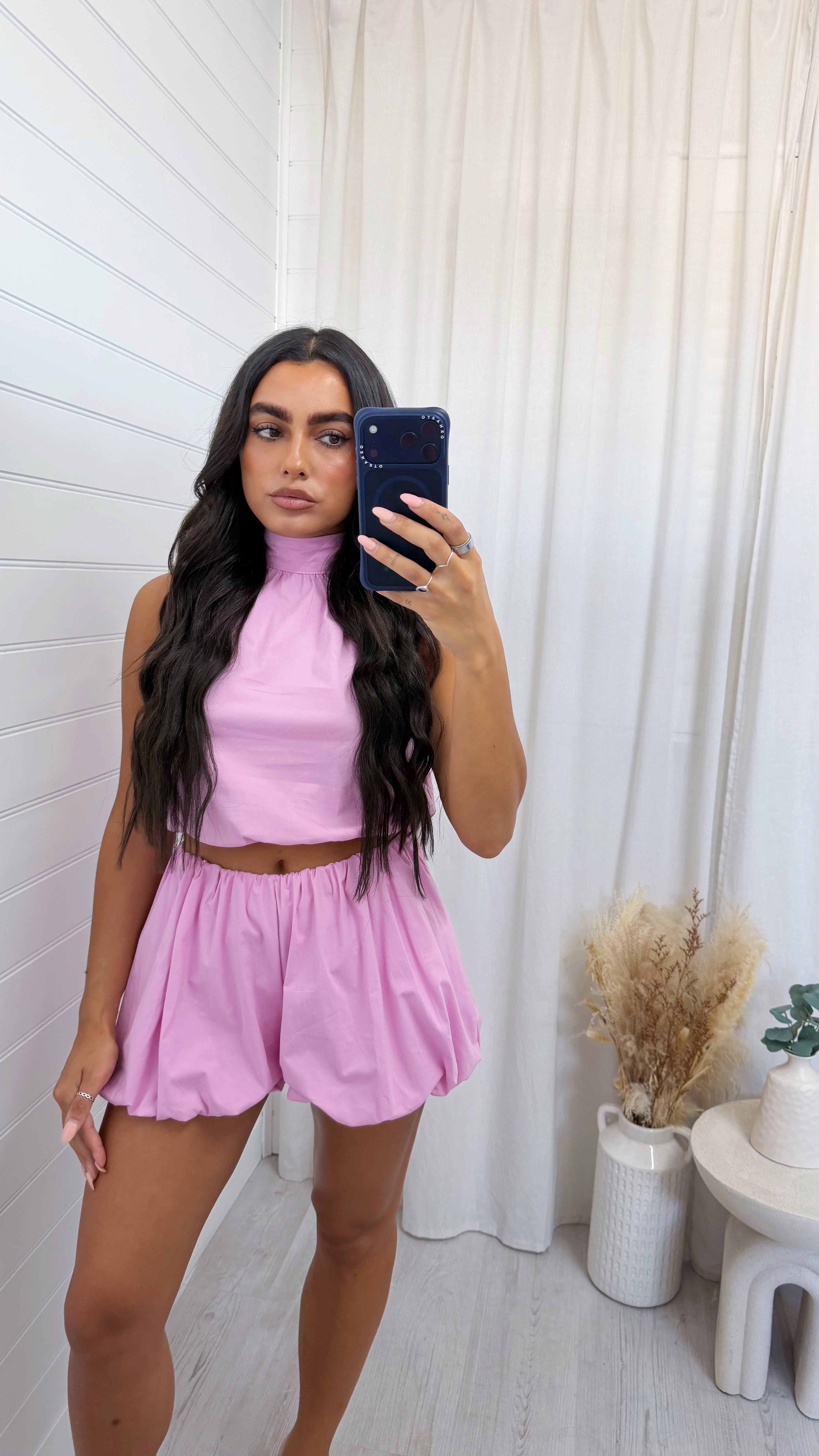 Puff Ball Halter Neck Top and Shorts Co-Ord - PINK