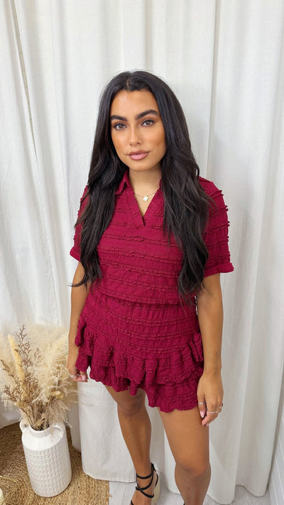 Frill Layered V Neck Top and Skort Co-Ord - WINE
