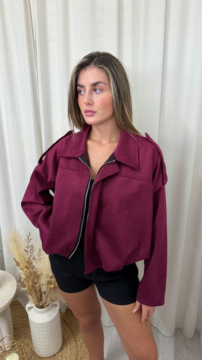 Suede Relaxed Fit Bomber Jacket - WINE