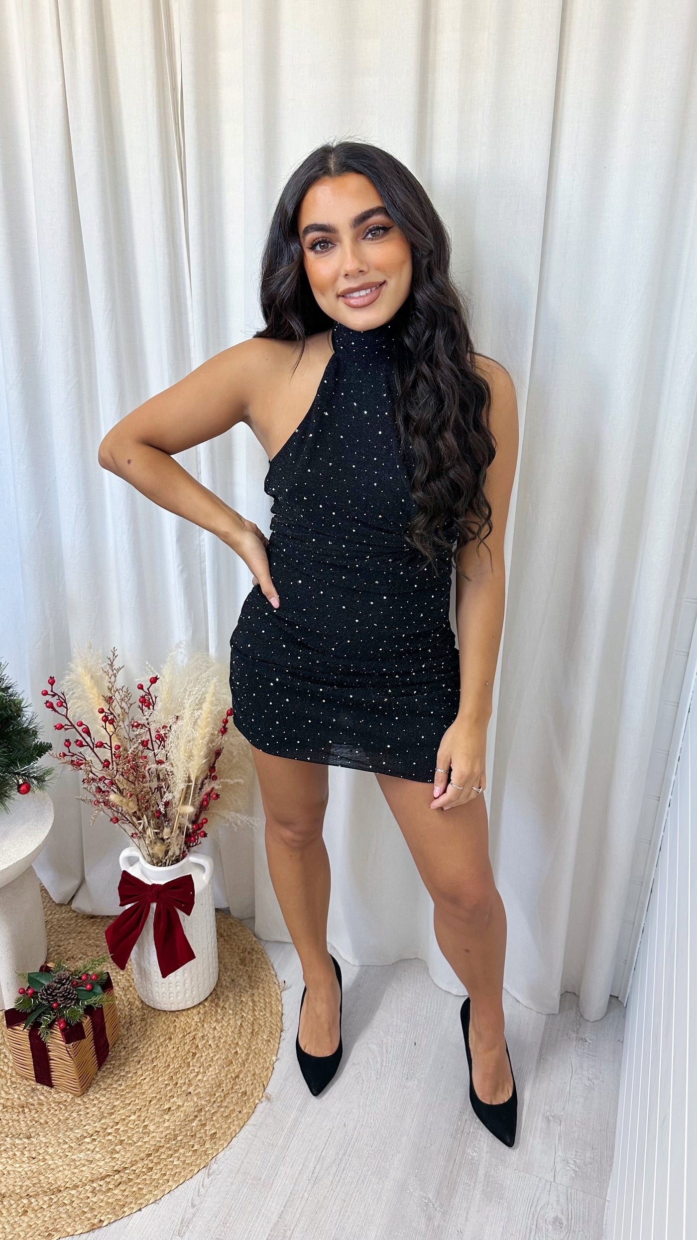 Halter Neck Ruched Rhinestone Dress - BLACK