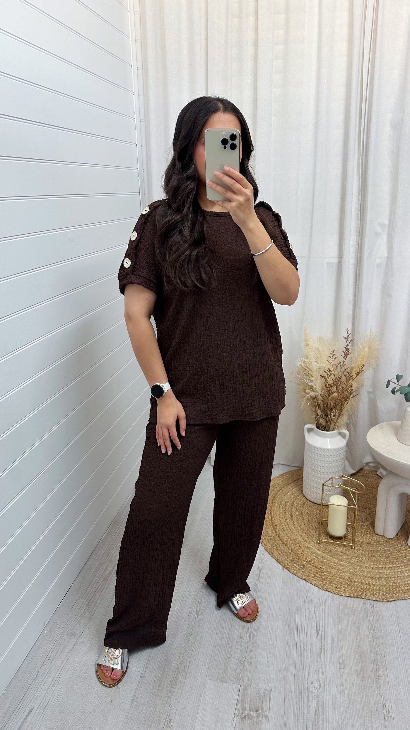 Cheesecloth Gold Button T-Shirt and Trousers Co-Ord - BROWN