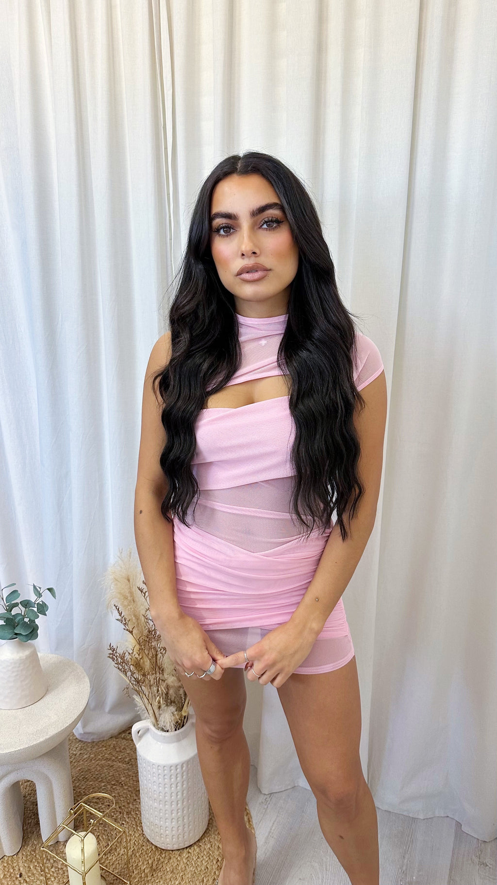 Mesh Ruched Mini Dress - PINK