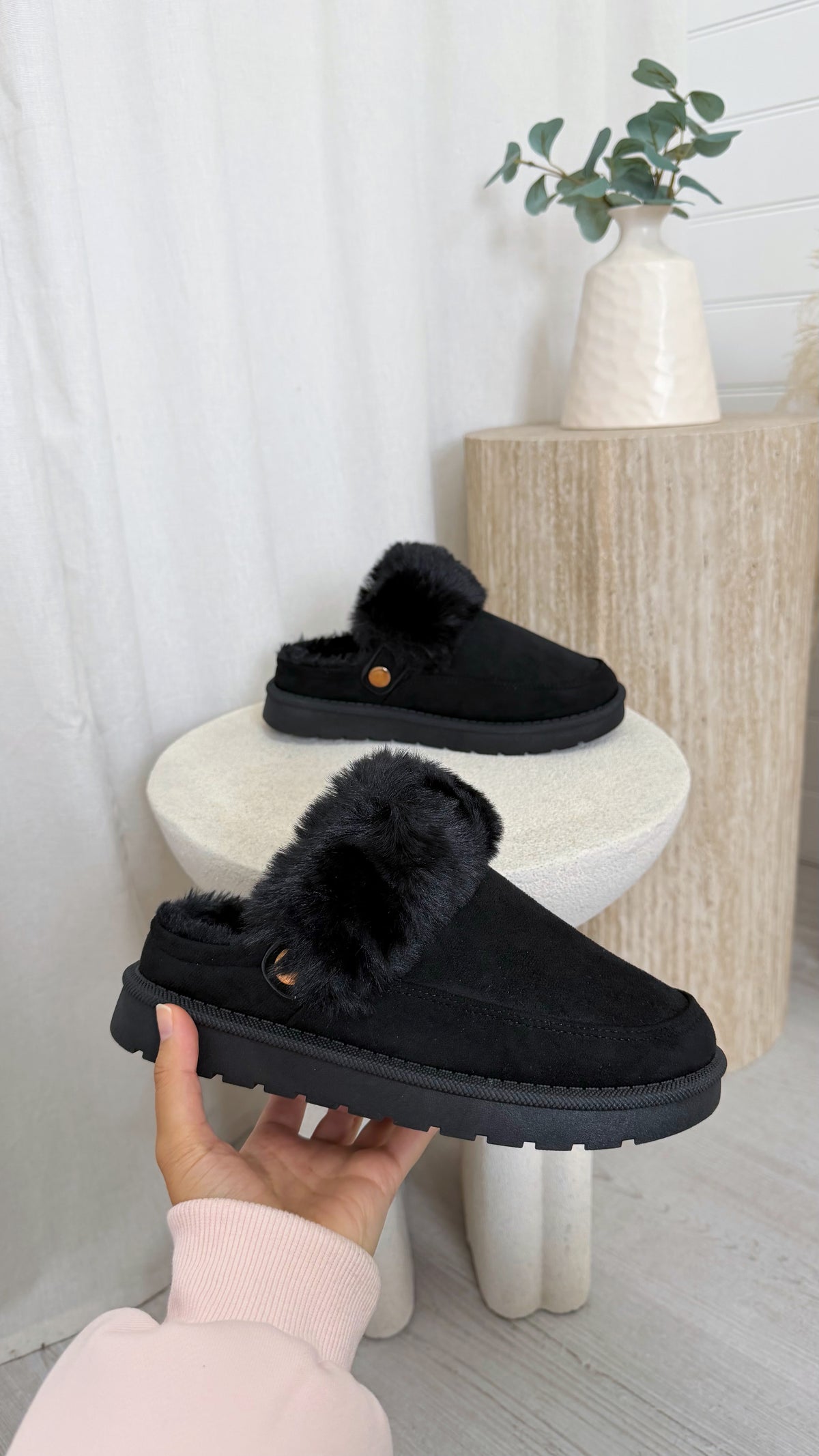 Faux Fur Strap Mule - BLACK