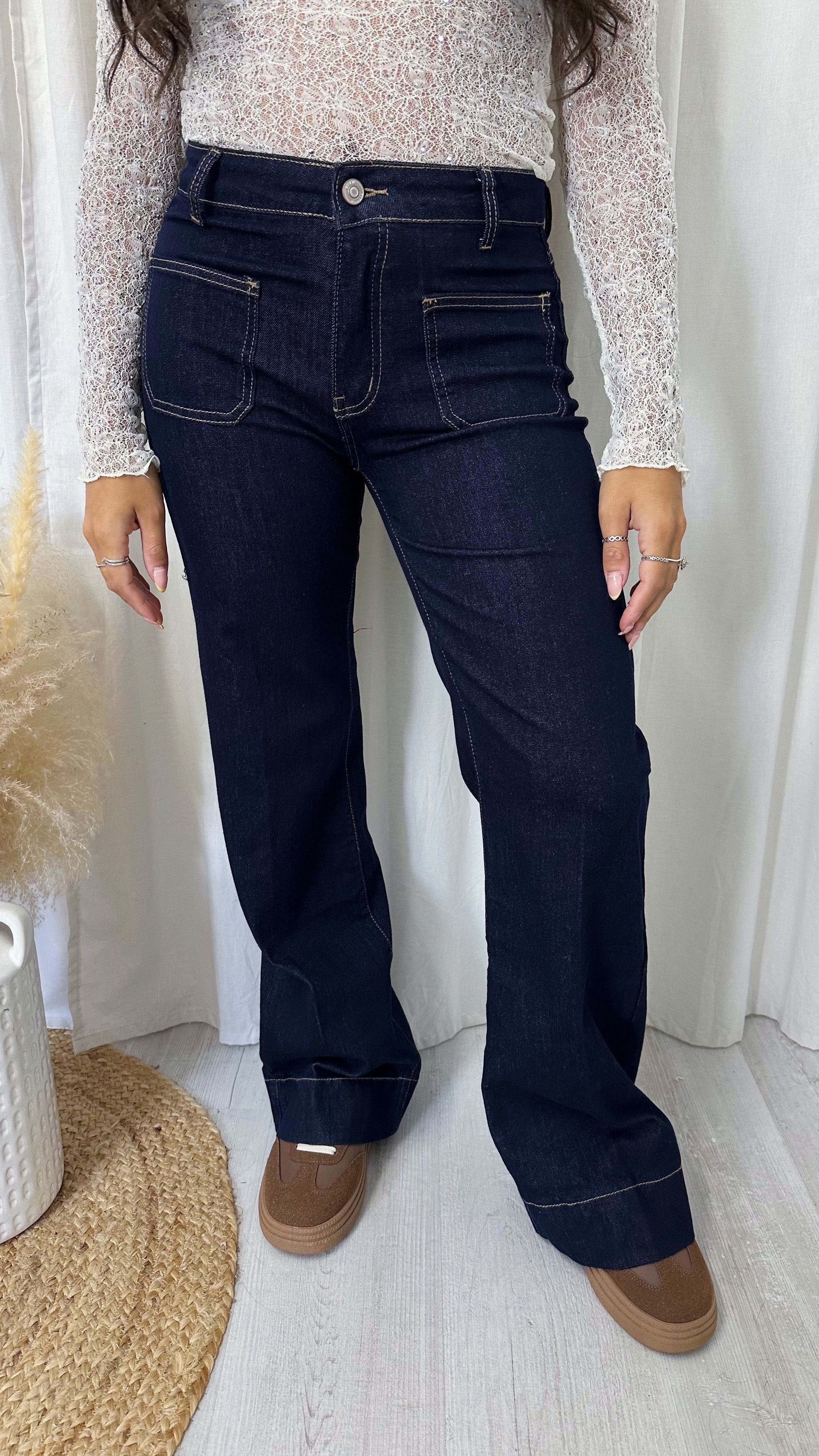 Front Pocket High Waisted Flare Jeans - DARK DENIM