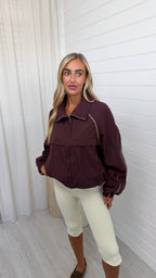 Contrast Trim Windbreaker Jacket - WINE