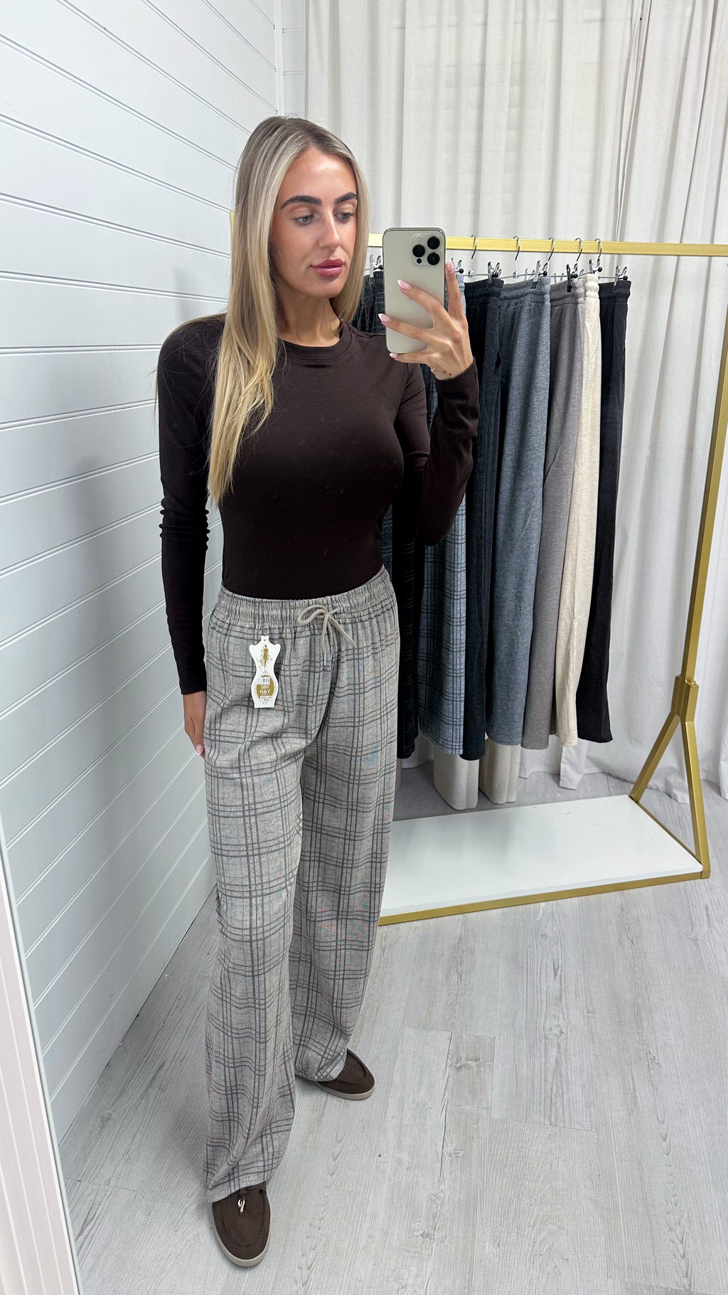 Check Wide Leg Trousers - BEIGE
