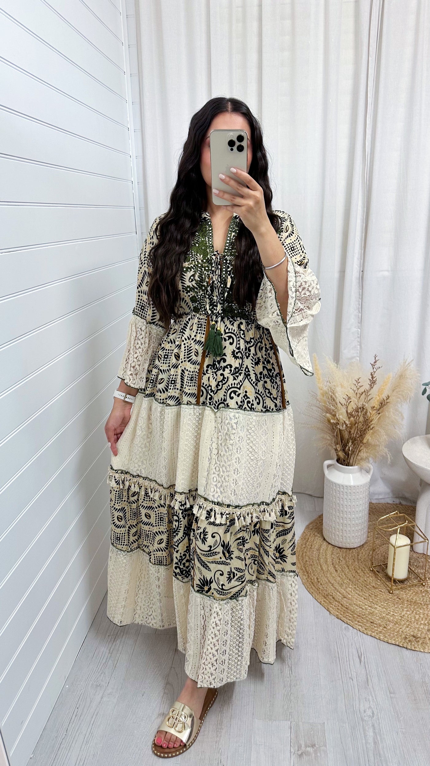 Lace Panel Damask Print Maxi Dress - KHAKI