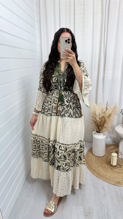 Lace Panel Damask Print Maxi Dress - KHAKI