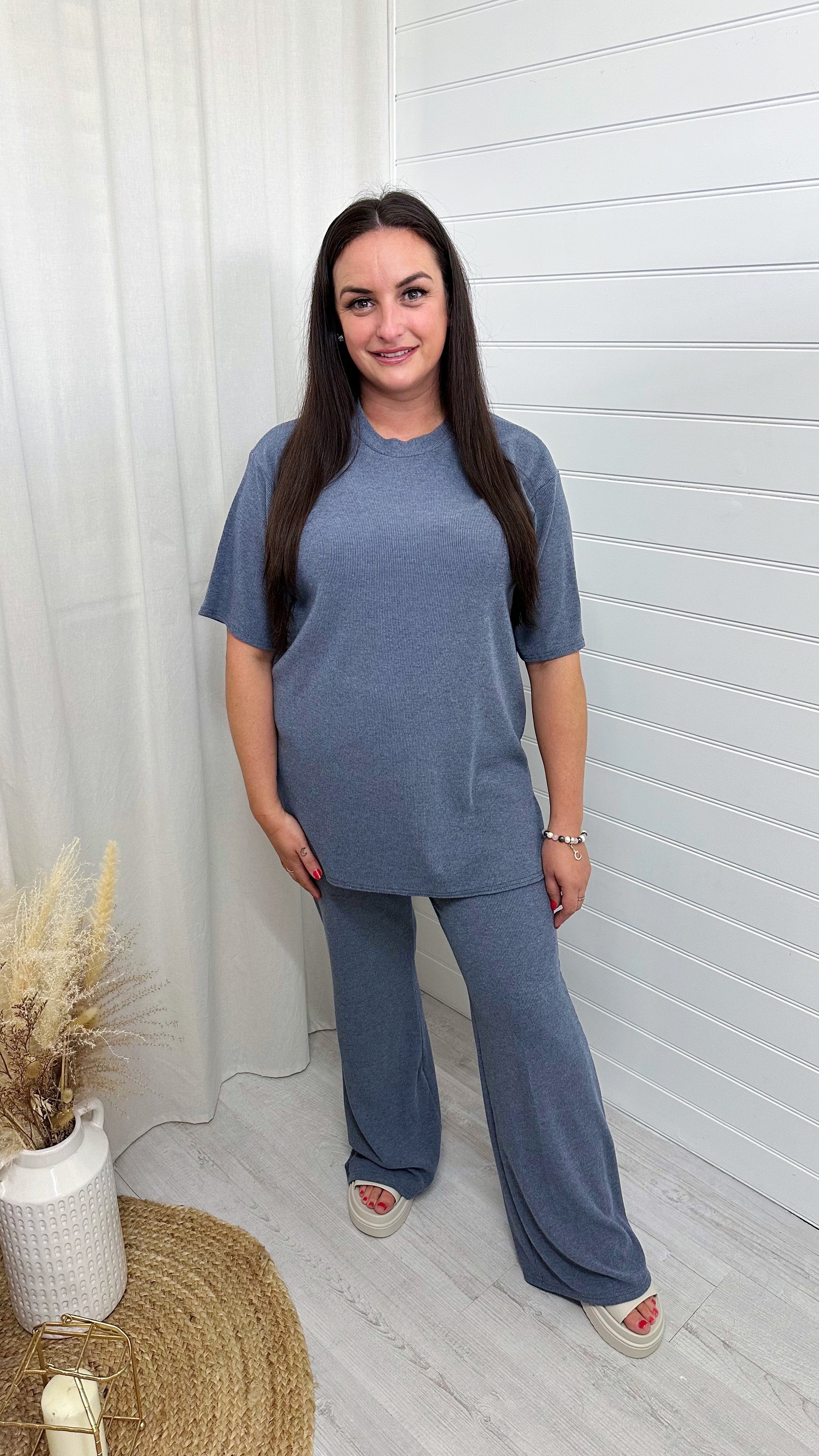 PLUS Soft Premium Ribbed T-Shirt and Straight Leg Trousers Co-Ord - DENIM BLUE