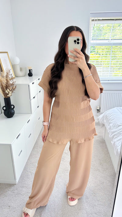 Crinkle Pleated Top and Wide Leg Trousers Co-Ord - DARK BEIGE