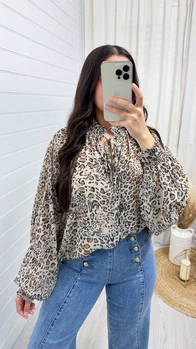 Shirred Collar Animal Print Balloon Sleeve Blouse - LEOPARD PRINT