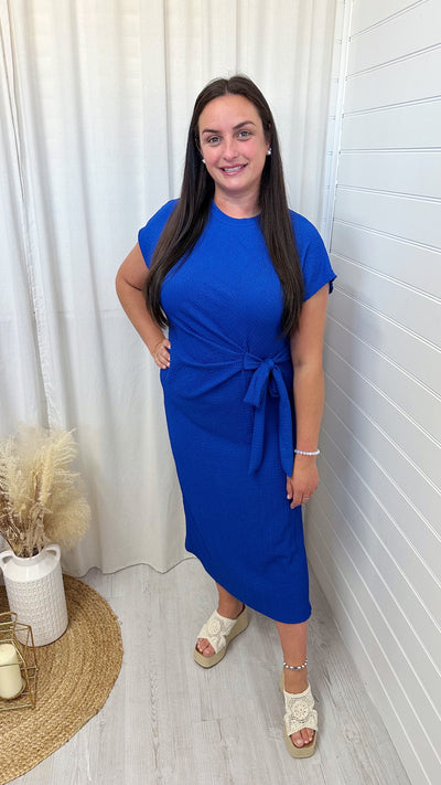 Cheesecloth Side Knot Midi Dress - ROYAL BLUE