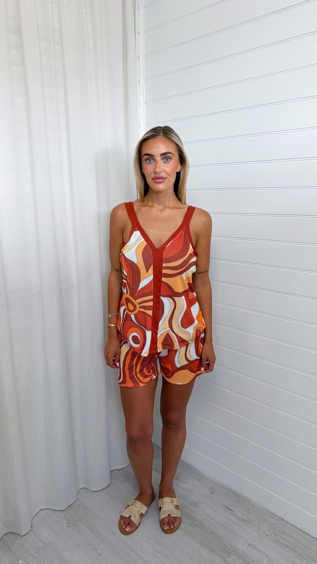 Swirly Shimmer Vest Top and Shorts Co-Ord - ORANGE