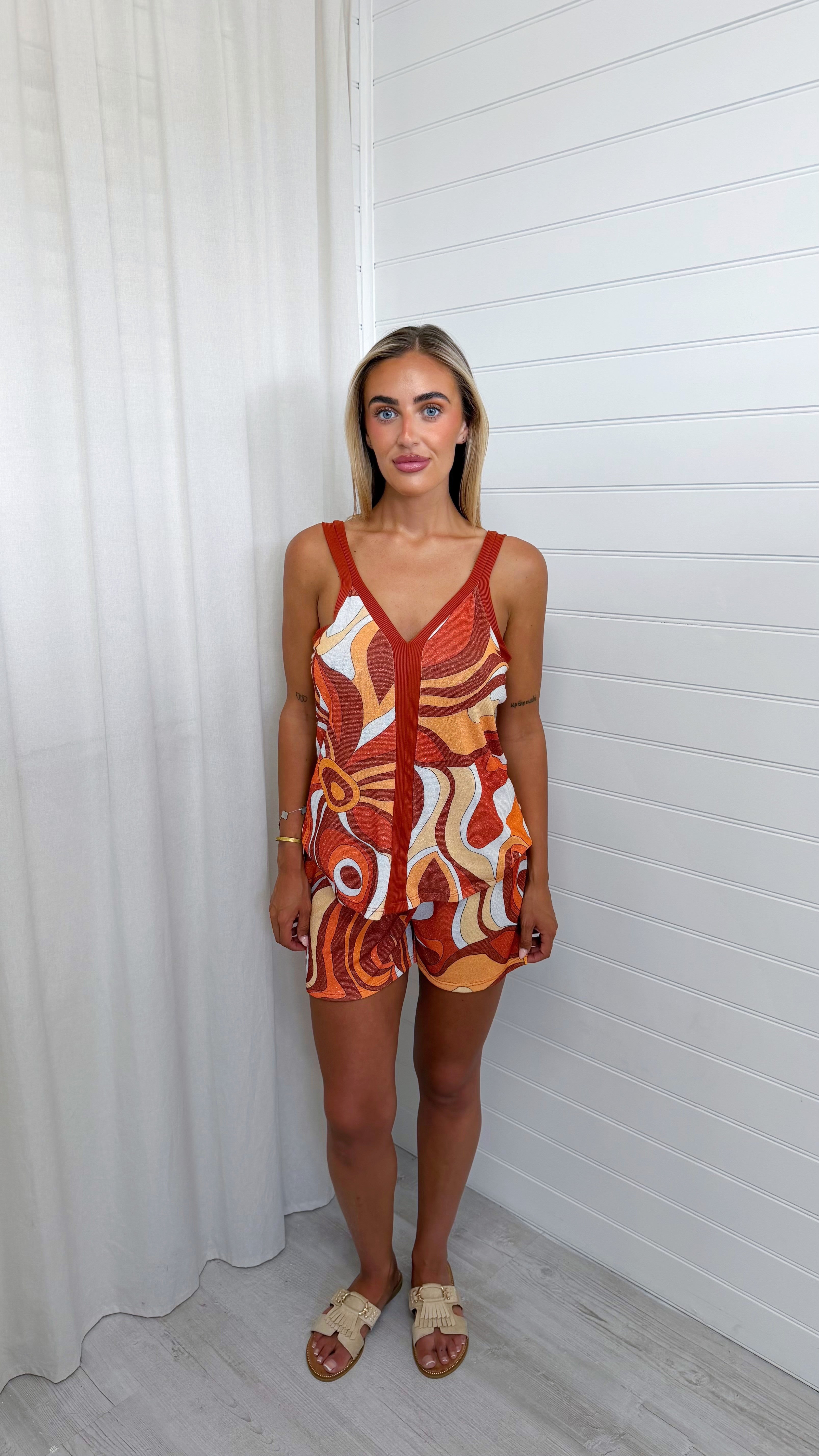 Swirly Shimmer Vest Top and Shorts Co-Ord - ORANGE
