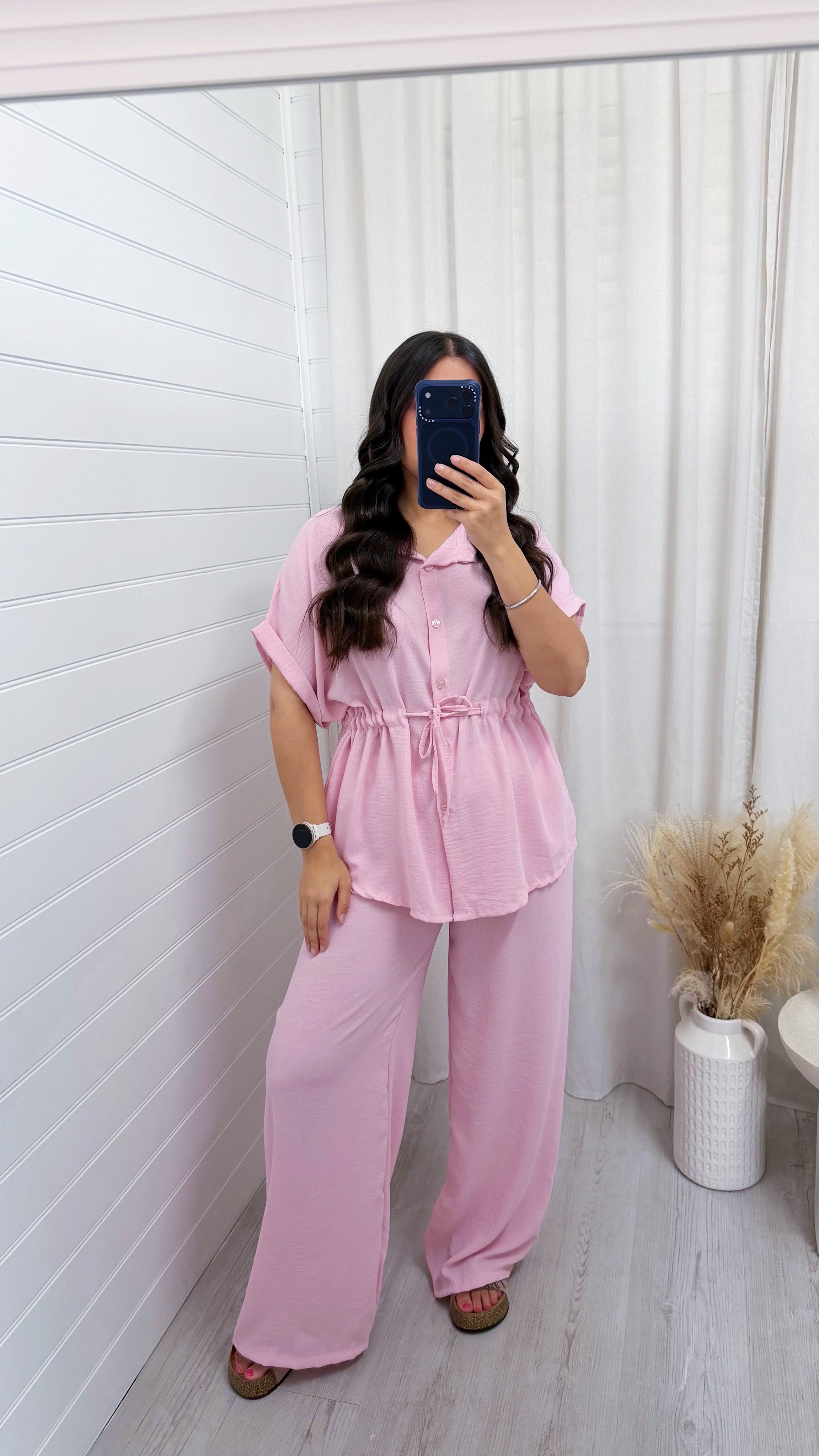 Cinched Shirt and Trousers Co-Ord - BABY PINK