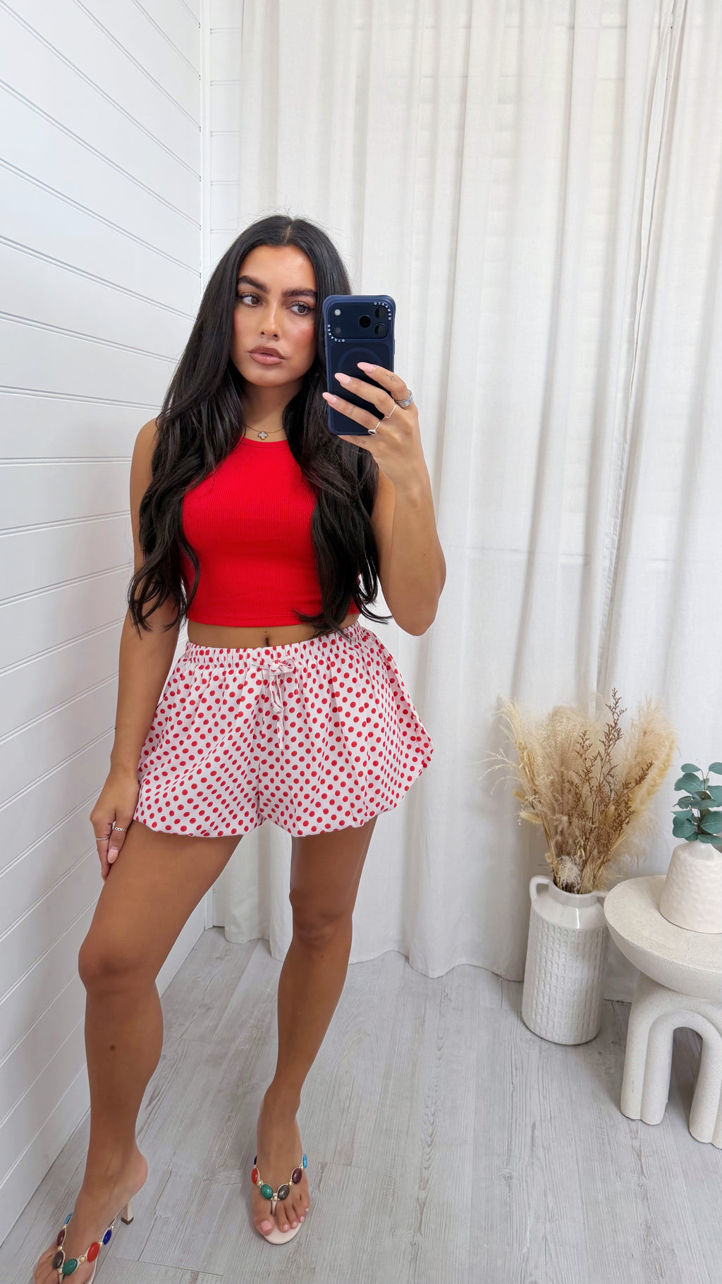 Polka Dot Puff Ball Shorts - WHITE/RED