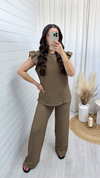 Cheesecloth Frill Shoulder Top and Trousers Co-Ord - COFFEE