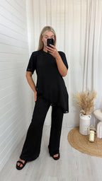 Lace Hem Asymmetric Co-Ord - BLACK
