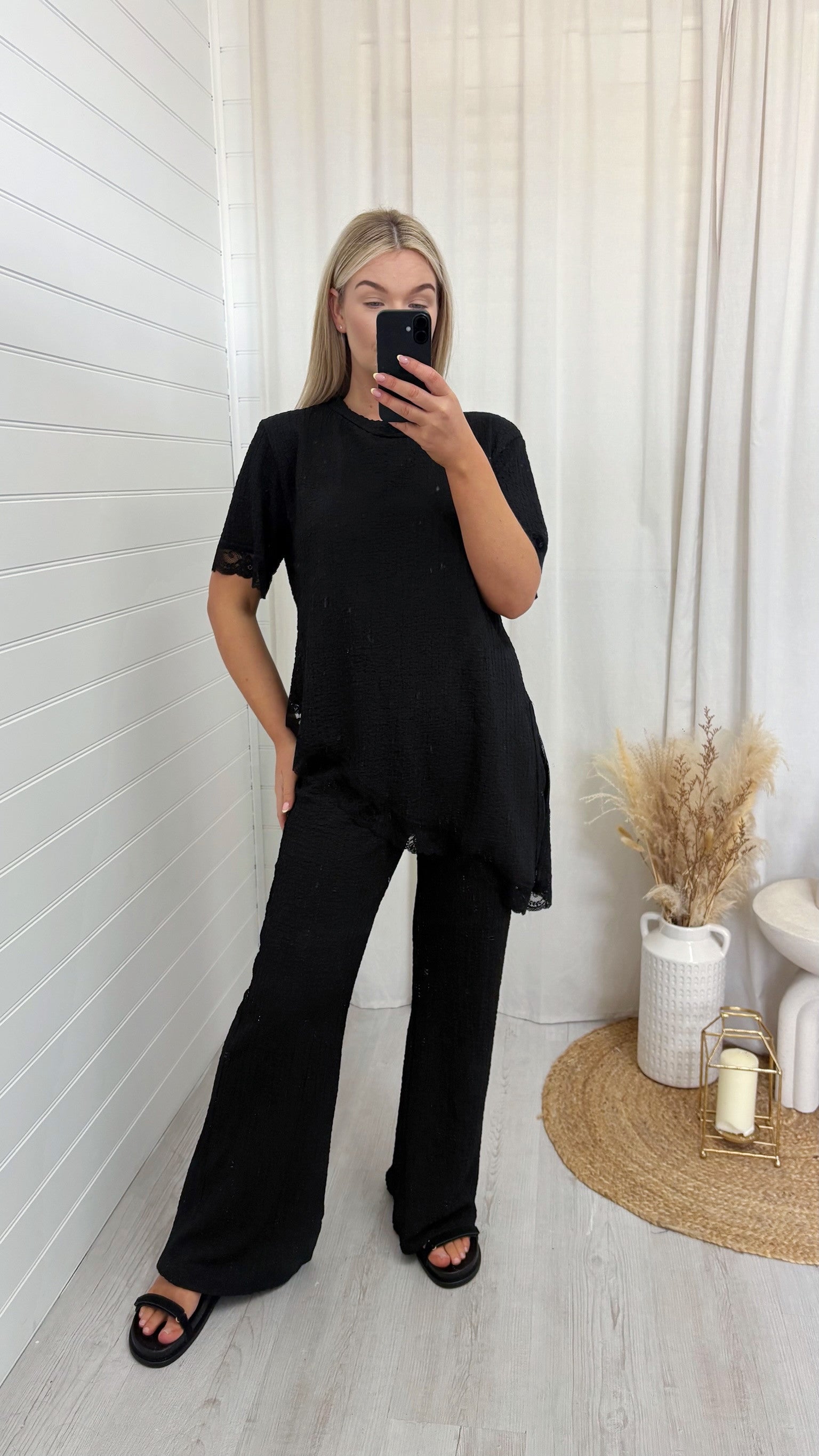 Lace Hem Asymmetric Co-Ord - BLACK