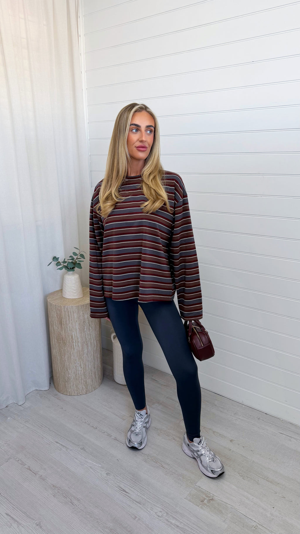 Relaxed Long Sleeve Stripe T-Shirt - BURGUNDY/SLATE