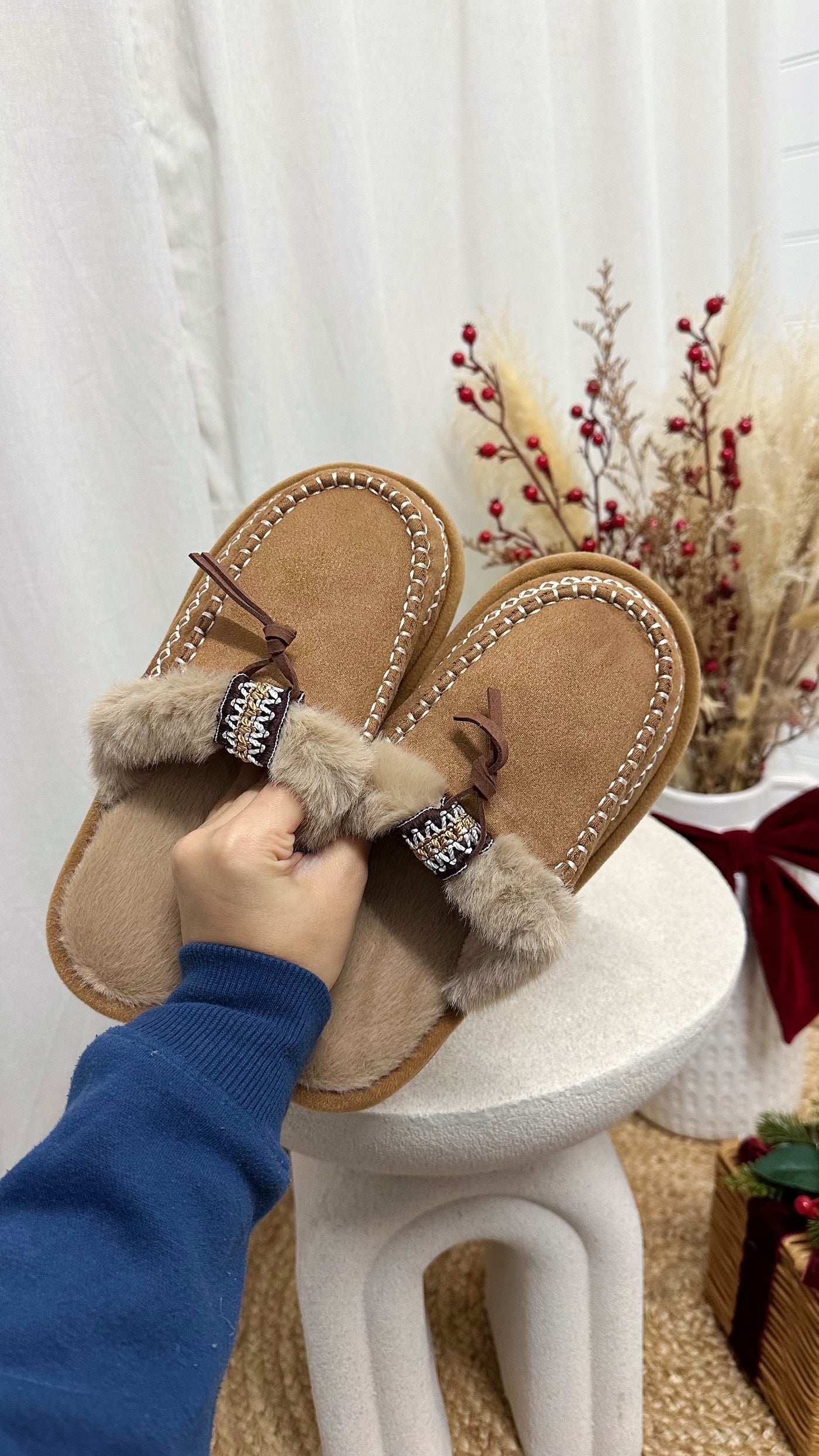 Embroidered Trim Faux Fur Slippers - CAMEL