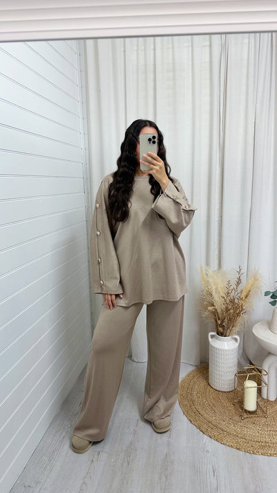 Long Sleeve Gold Button Detail Top and Trousers Co-Ord - MOCHA