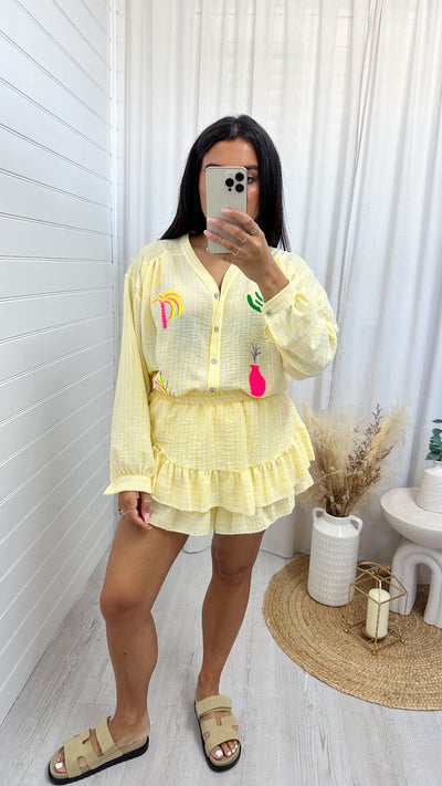 Neon Print Pinstripe Shirt and Frill Skort Co-Ord - LEMON