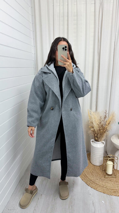 Oversized Woollen Hooded Mac - GREY