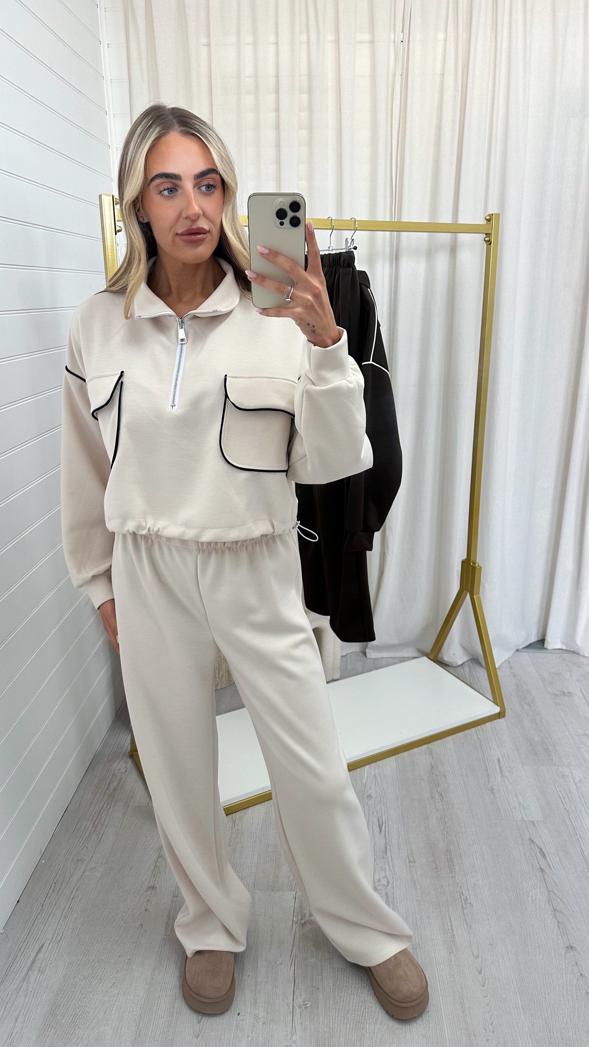 Contrast Piped Quarter Zip Sweatshirt and Joggers Co-Ord - CREAM