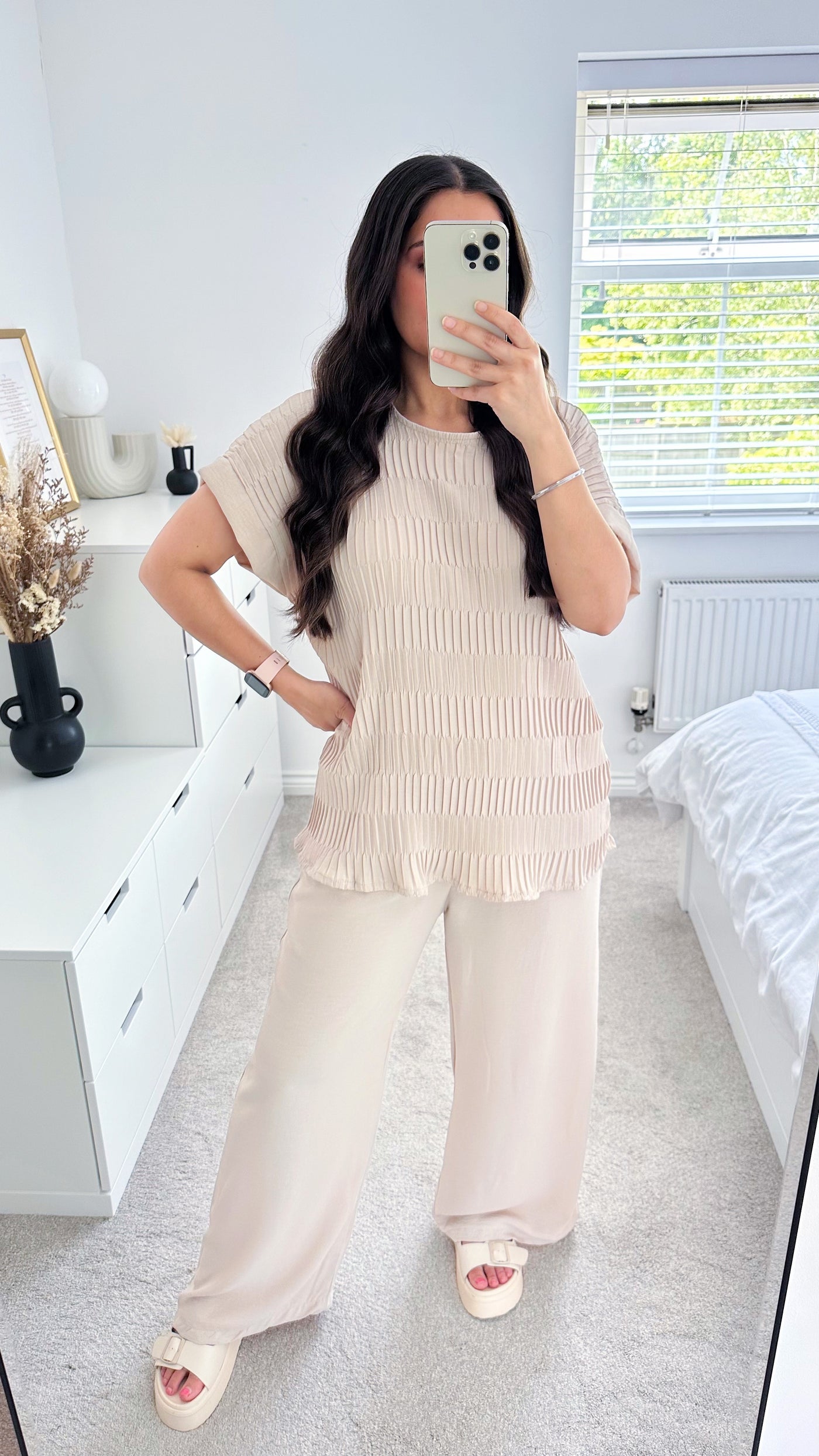 Crinkle Pleated Top and Wide Leg Trousers Co-Ord - LIGHT BEIGE