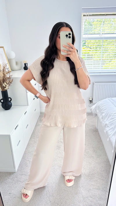 Crinkle Pleated Top and Wide Leg Trousers Co-Ord - LIGHT BEIGE