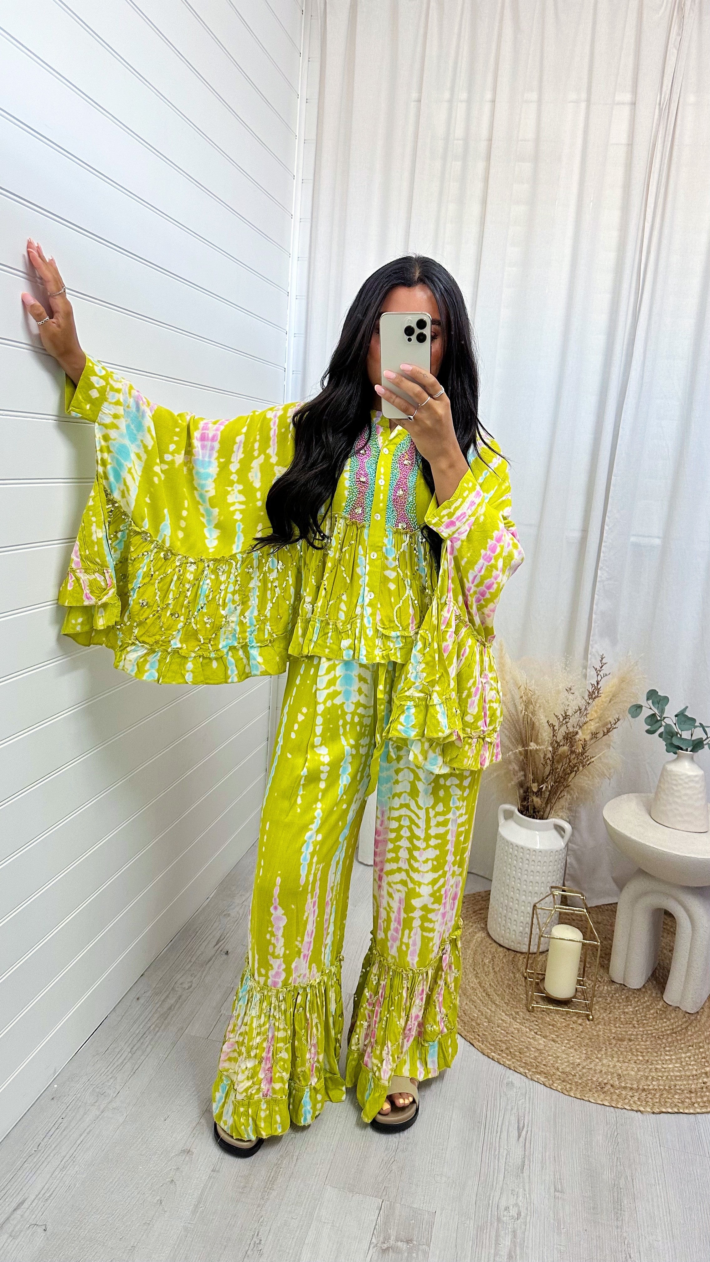 Tie Dye Pleated Sleeve Beaded Co-Ord - LIME