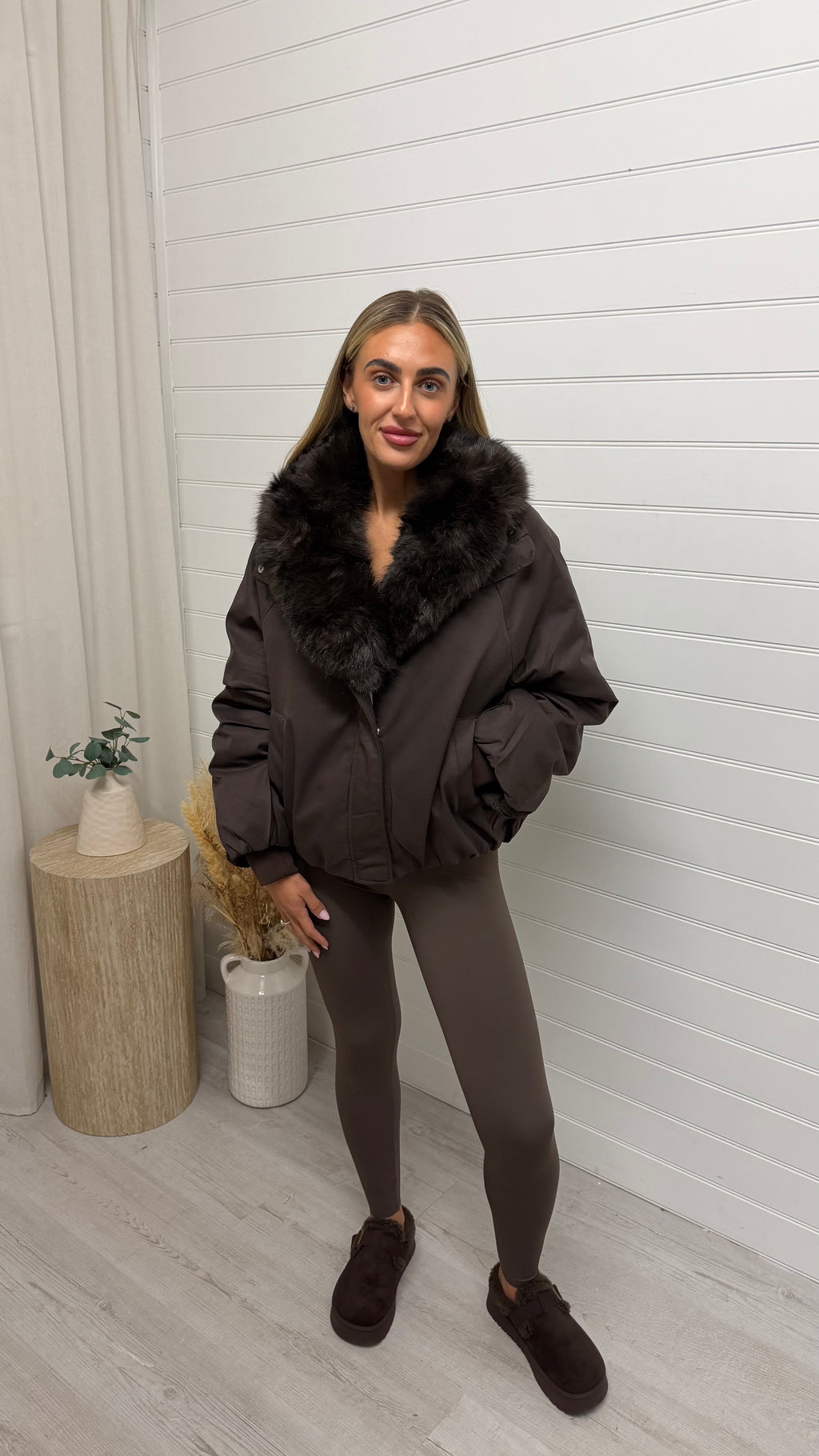 Faux Fur Collar Coat - BROWN