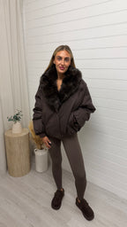 Faux Fur Collar Coat - BROWN