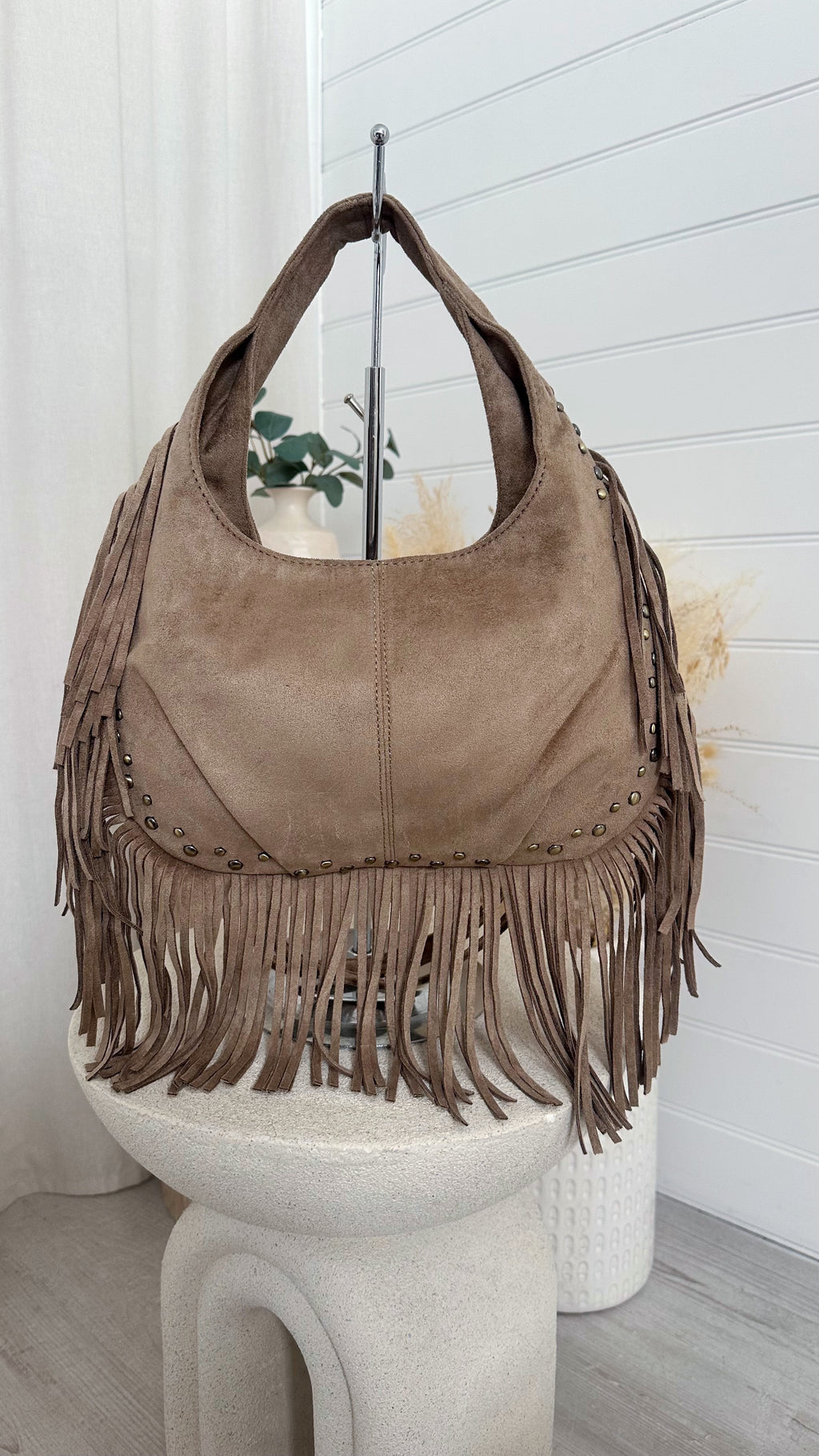 Suede Fringe Bag - BEIGE