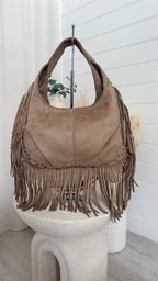 Suede Fringe Bag - BEIGE