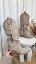 Fold Over Silver Buckle Knee High Cowboy Boots - TAUPE