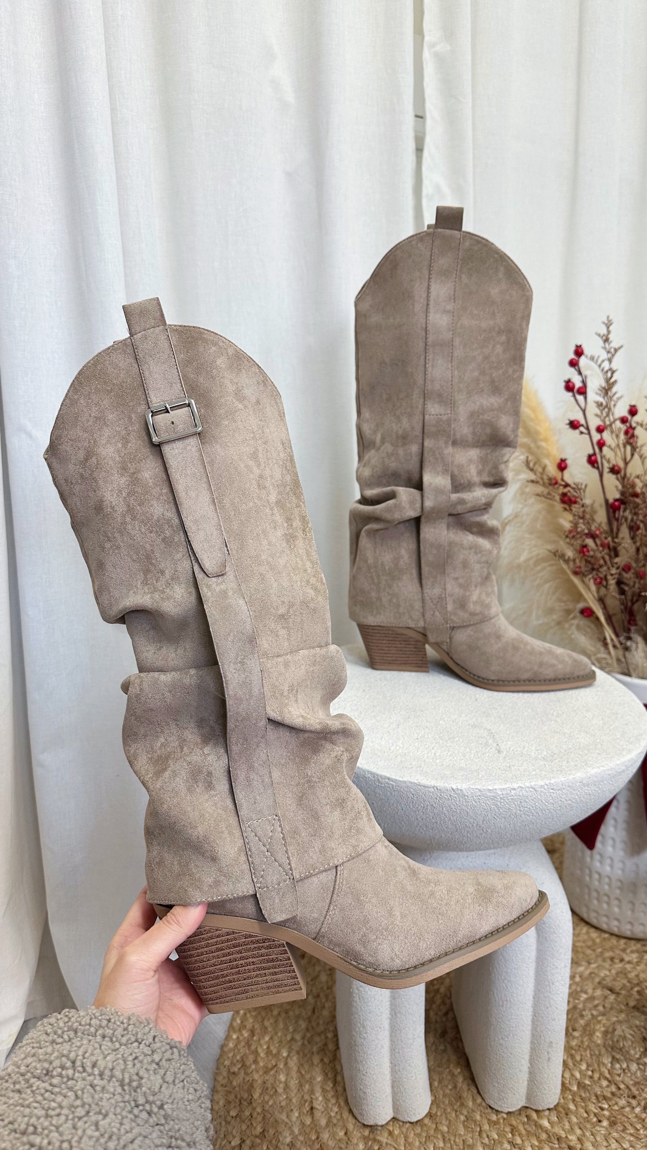 Fold Over Silver Buckle Knee High Cowboy Boots - TAUPE