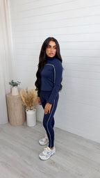 Piped Jacket and Leggings Activewear Set - NAVY