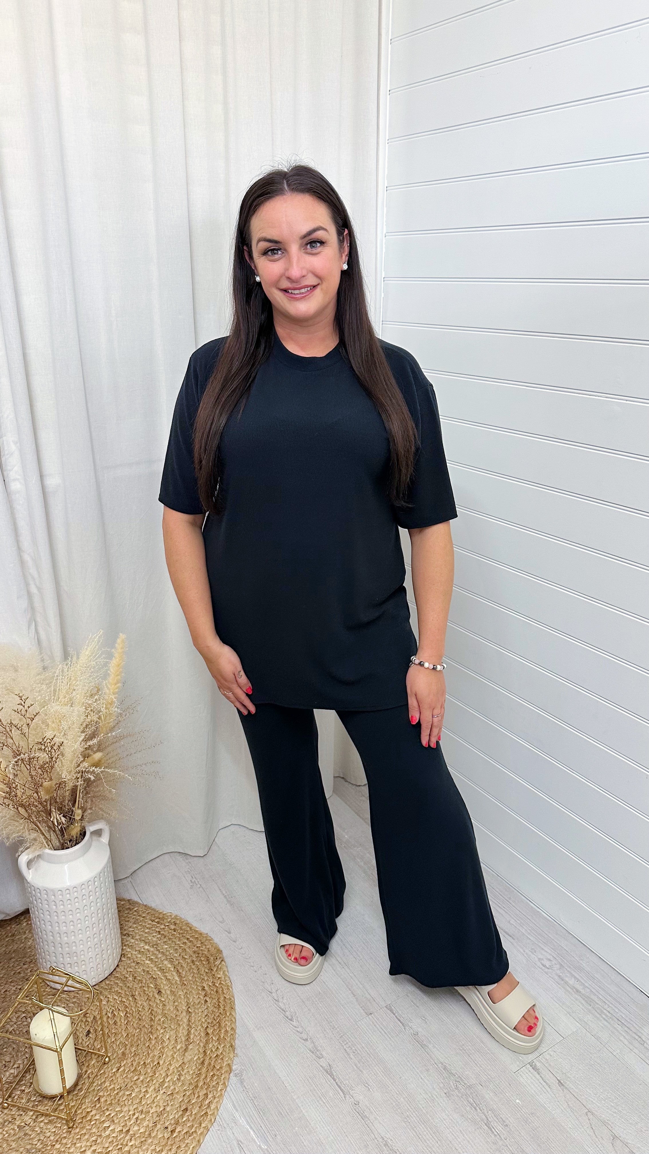 PLUS Soft Premium Ribbed T-Shirt and Straight Leg Trousers Co-Ord - BLACK
