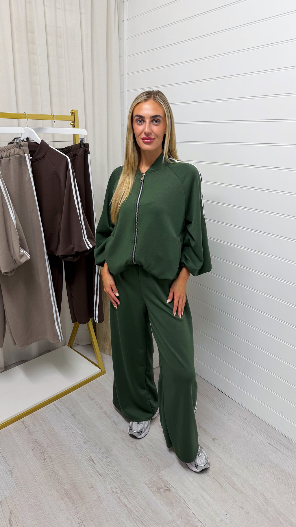 Classic Stripe Jacket and Wide Leg Joggers Tracksuit - KHAKI