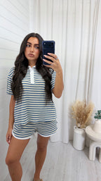 Crochet Stripe Collared Shirt and Shorts - DENIM BLUE