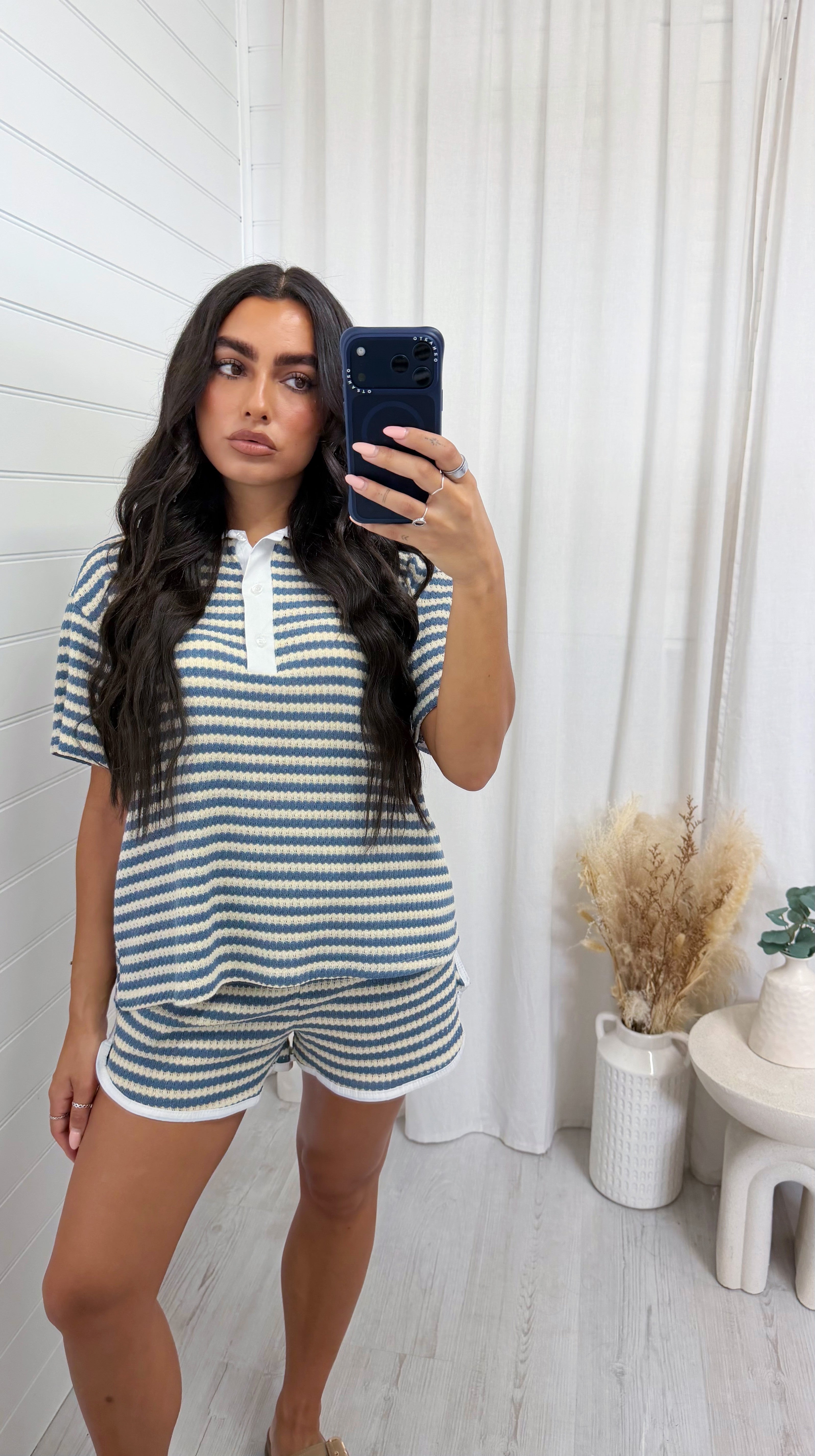 Crochet Stripe Collared Shirt and Shorts - DENIM BLUE