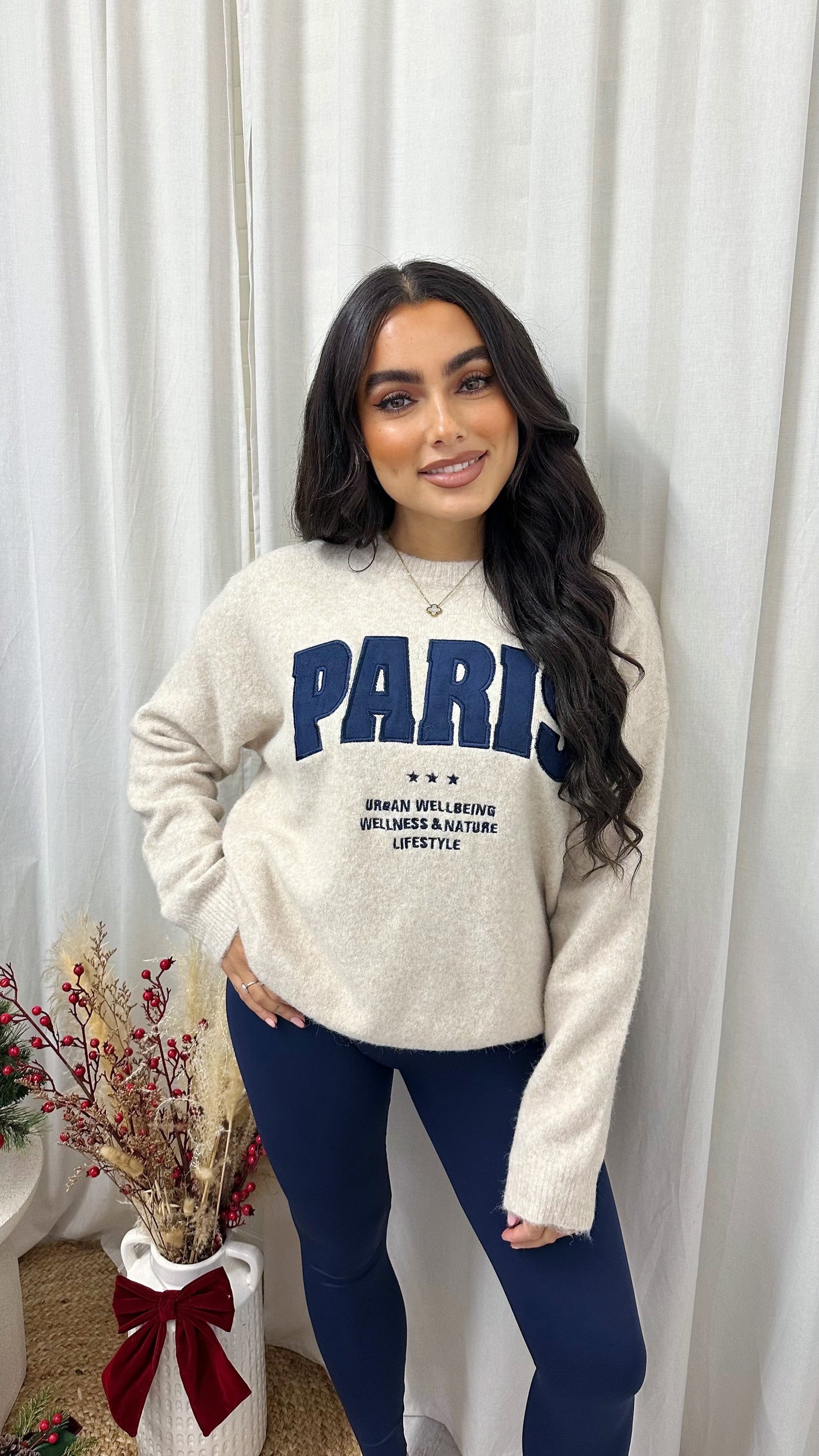 Suede PARIS Graphic Slogan Knitted Jumper - BEIGE/NAVY