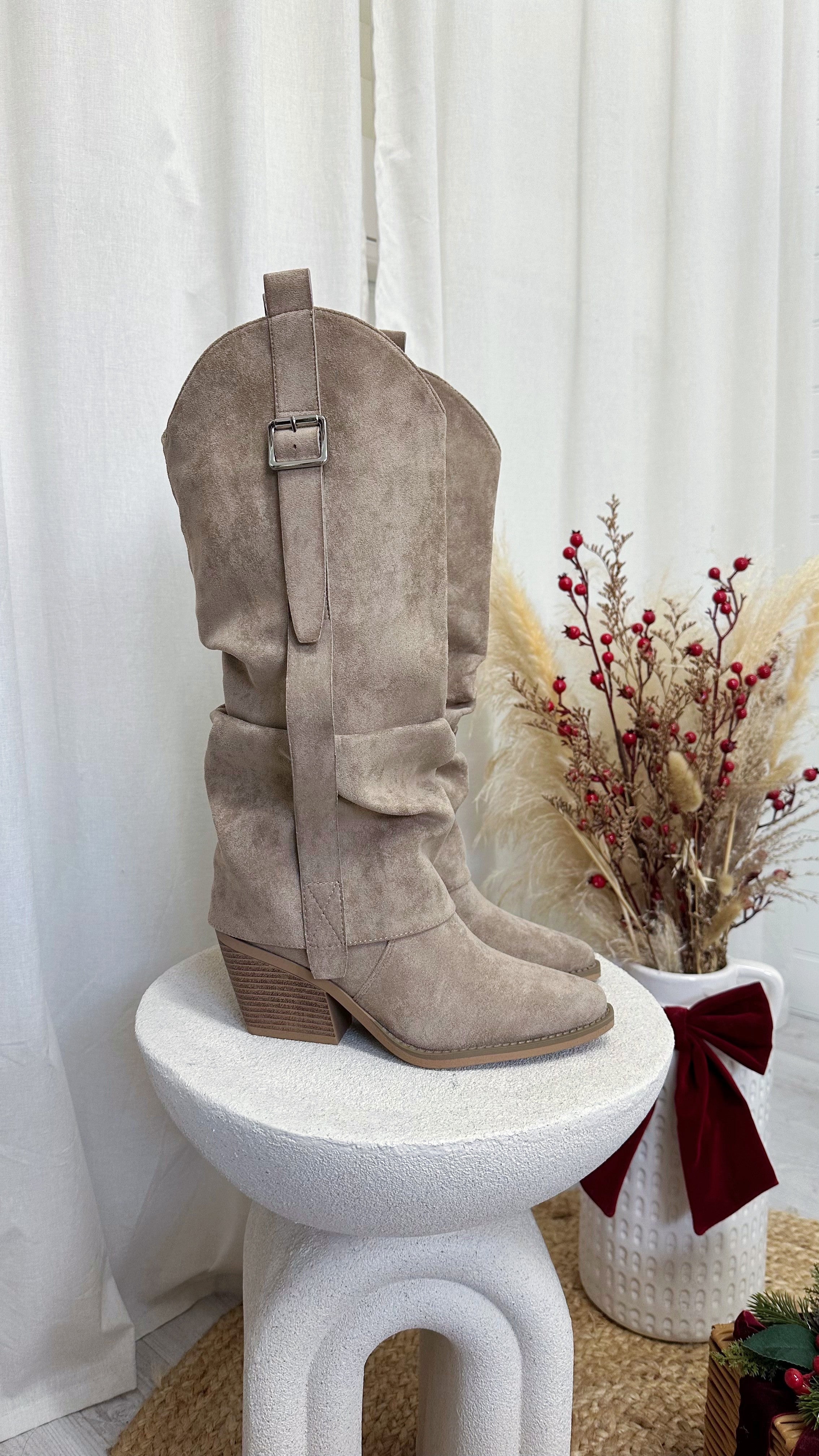 Fold Over Silver Buckle Knee High Cowboy Boots - TAUPE