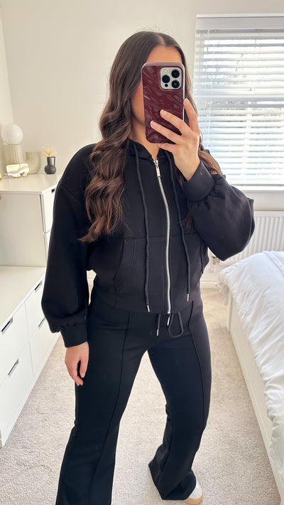 Crop Jacket and Flare Joggers Tracksuit - BLACK