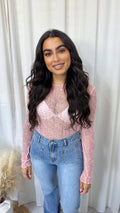 Rhinestone Lace Long Sleeve Top - PINK