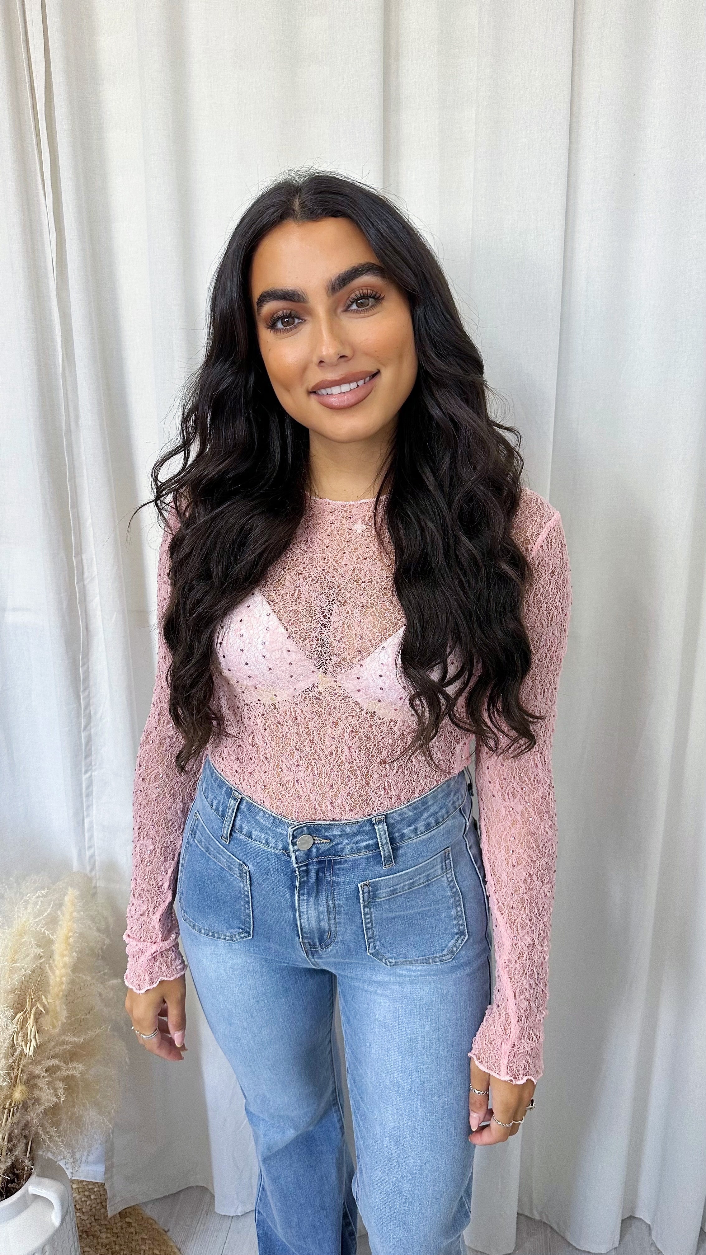 Rhinestone Lace Long Sleeve Top - PINK