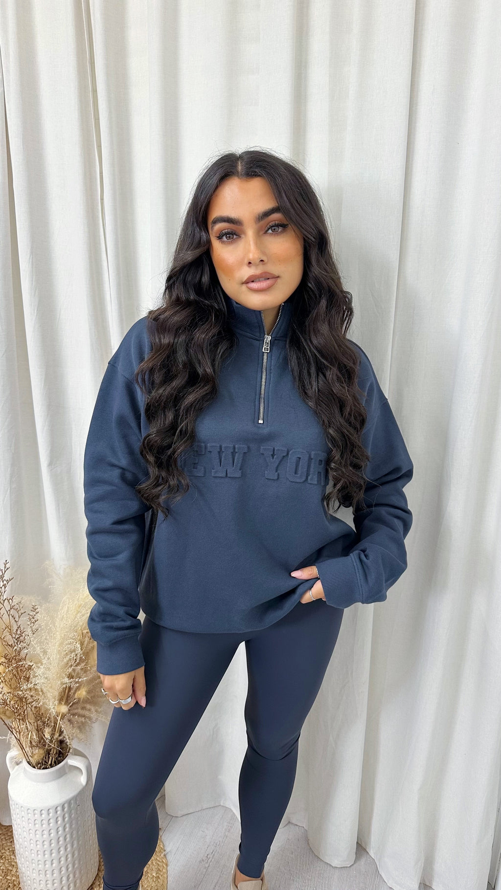 New York Embossed Half Zip Sweatshirt - SLATE BLUE